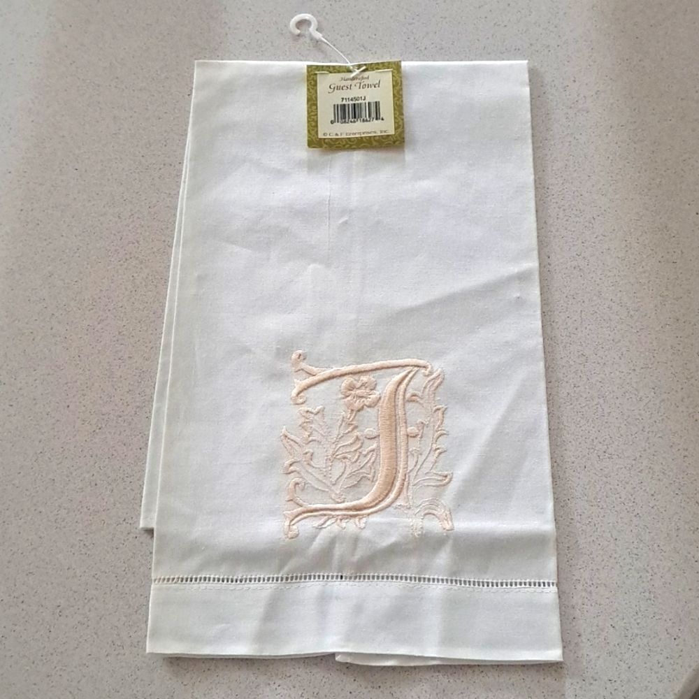 Guest Towel White Linen Embroidered Letter “T” in Cream Guest Bath Towel Cotton